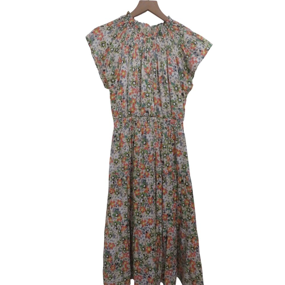 Moodie Women Sz S Floral Tiered Smocked Dress Boho Romantic Midi Feminine